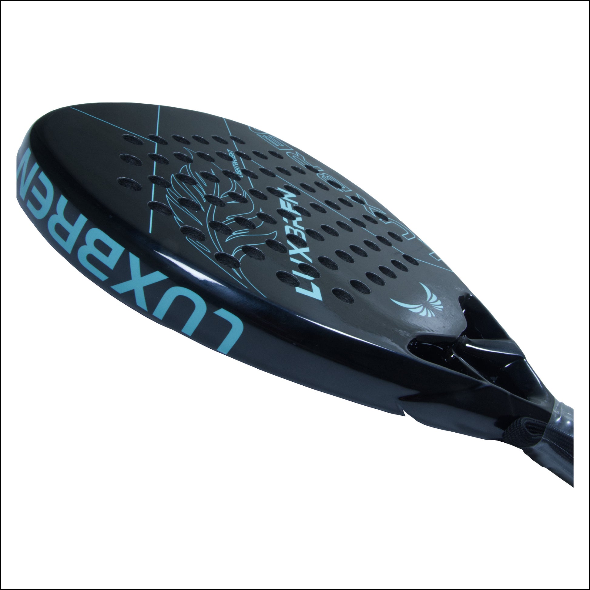 Black and blue Luxbren padel racket on a white background