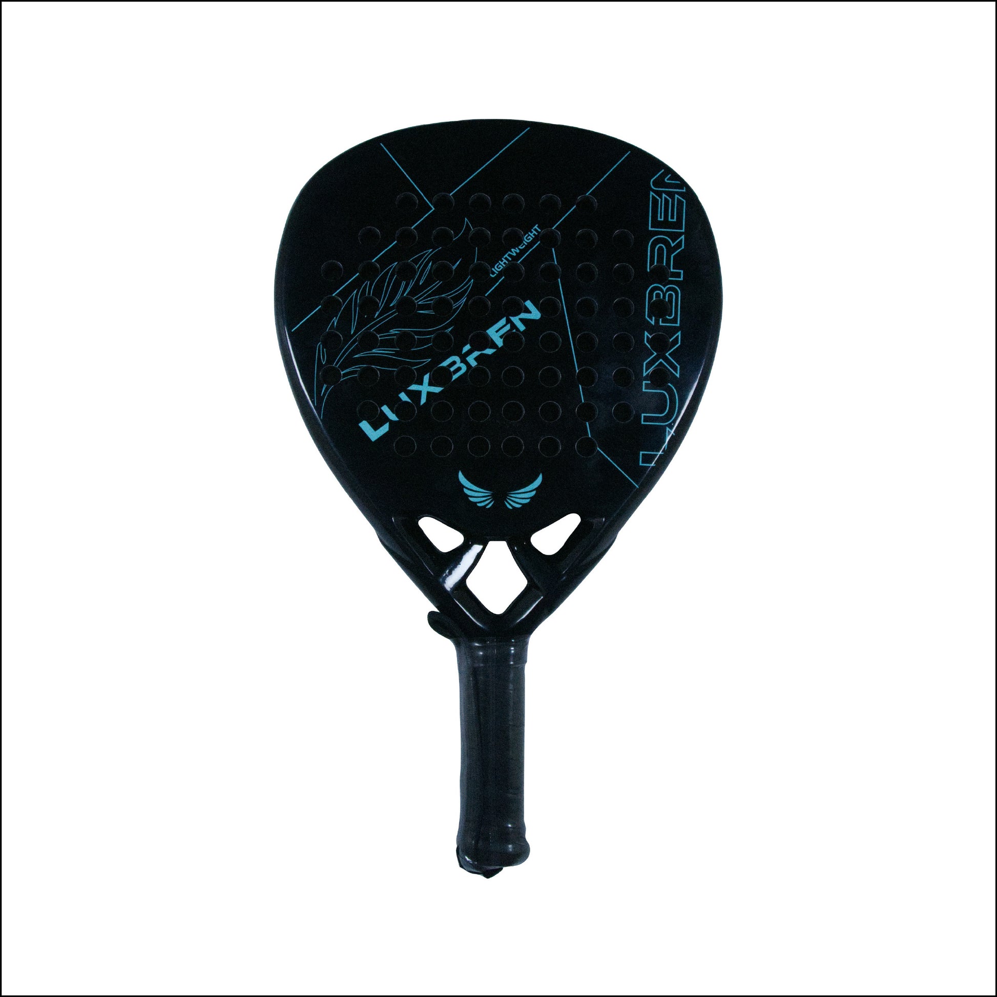 Black and blue padel racket with Luxbren branding on a white background