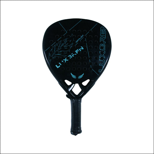 Black and blue padel racket with Luxbren branding on a white background