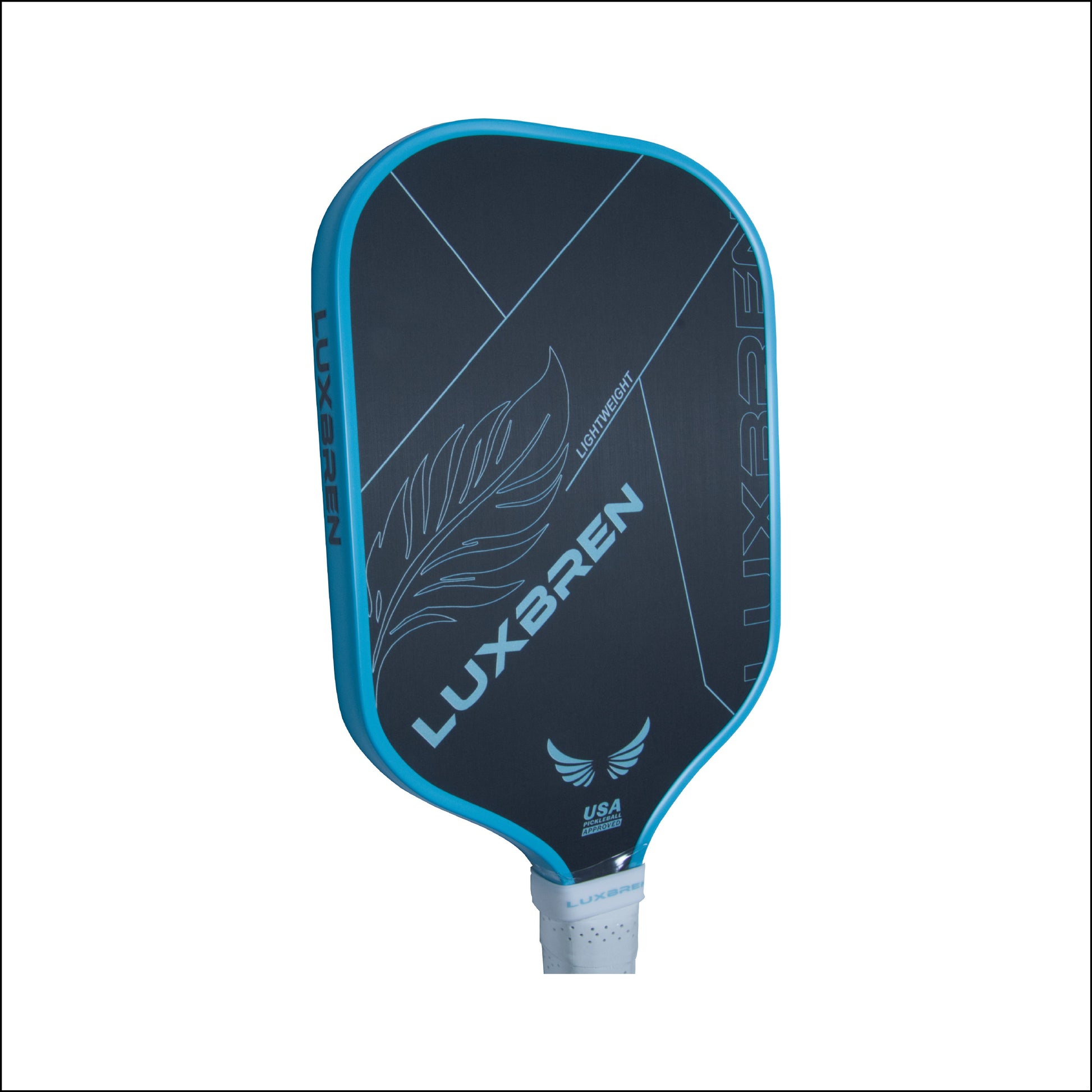 Blue and black pickleball paddle with Luxbren branding on a white background