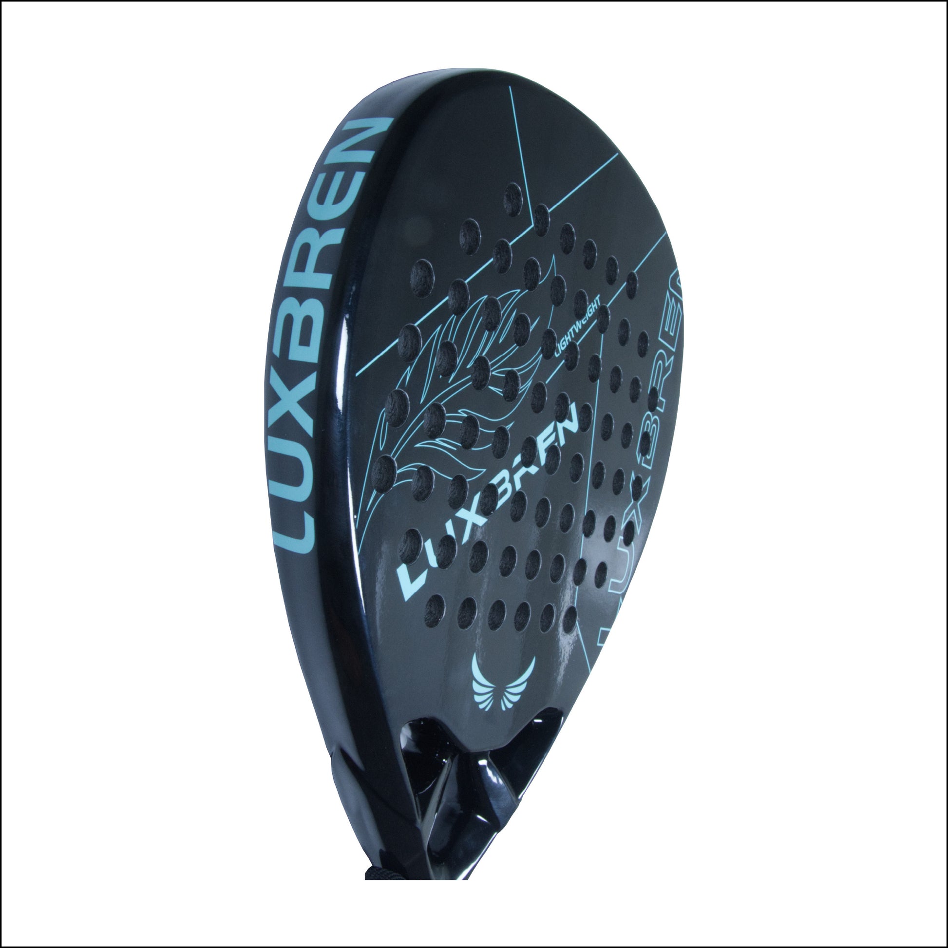 Black and blue Luxbren padel racket on a white background