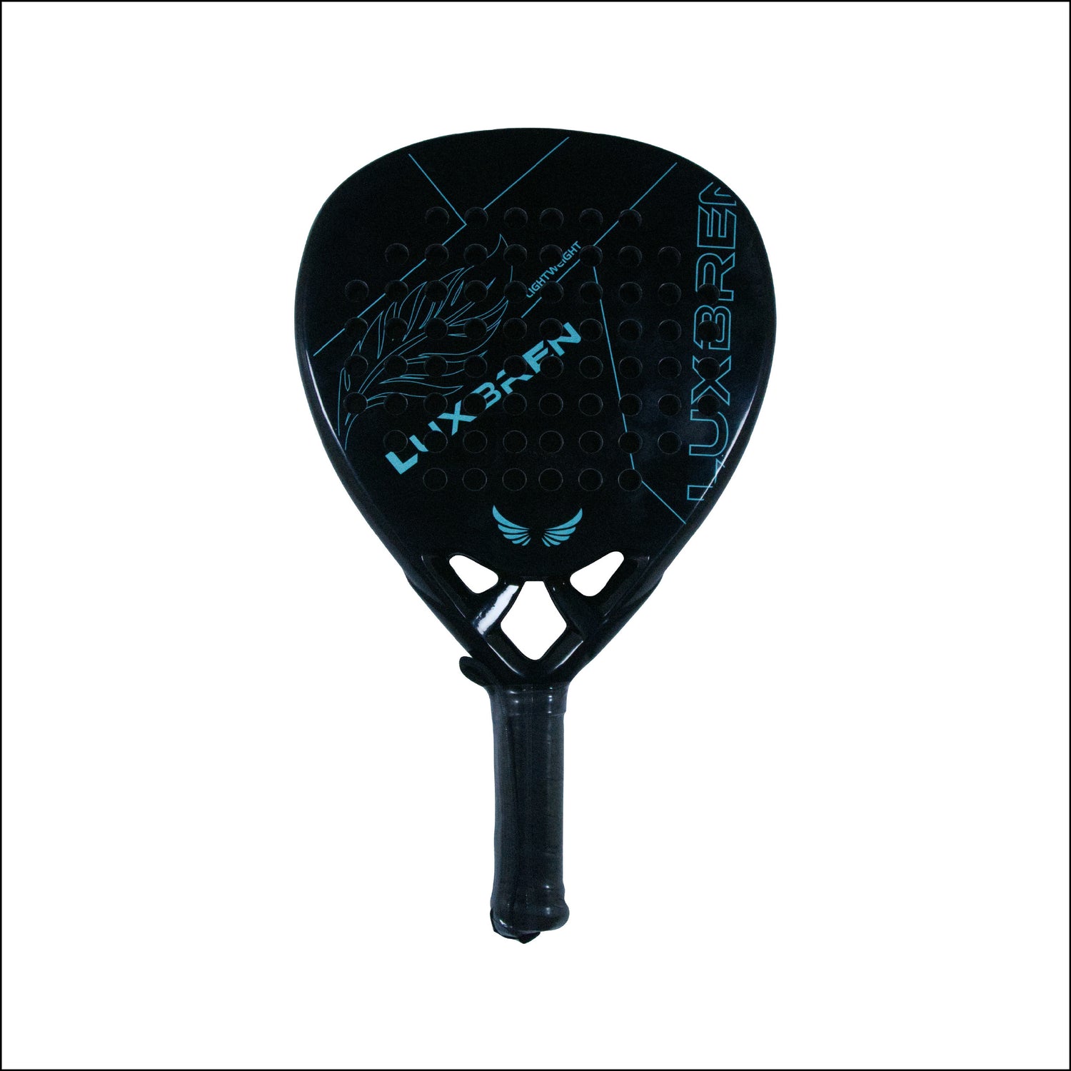 Black and blue padel racket with Luxbren branding on a white background