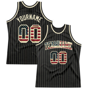 Black Cream Pinstripe Vintage USA Flag-Cream Custom Basketball Jersey